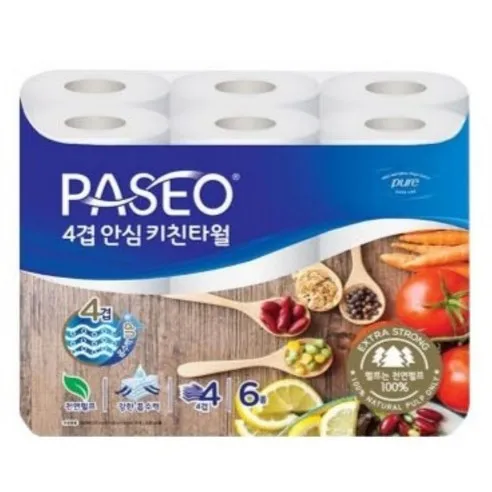헬로 파세오 4겹 안심키친타올 6롤X1팩  100매, 6개