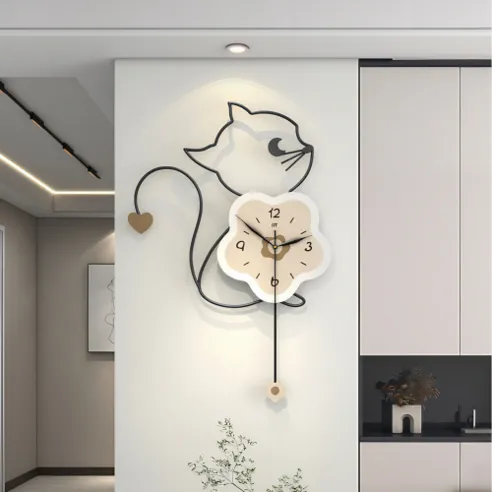 XXMZ 무소음 인테리어 스윙 귀여운 고양이 캐릭터 사무실 카페 놀이방 벽시계
